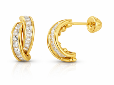 Aros de oro italiano amarillo de 18 quilates con doble carril y piedras