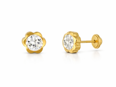 Aros Toscana de oro amarillo de 18 quilates con circón central y contorno de inspiración floral