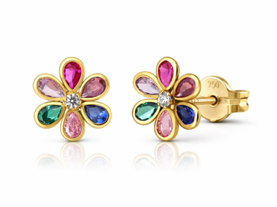 aros de oro en forma de flor con circones de colores