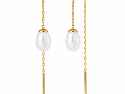 Aros colgantes de oro italiano de 18 quilates con cadena trenzada y perla