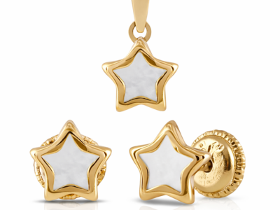 Conjunto de oro italiano amarillo de 18 quilates con aritos y colgante