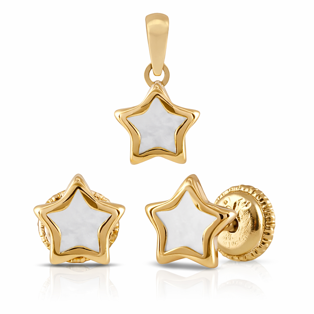 Conjunto de oro italiano amarillo de 18 quilates con aritos y colgante